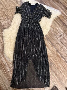 All in Favor Black Evening Dress with Metallic Accents